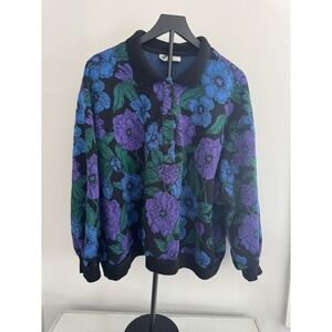 Vintage Top Notch Floral Knit Sweater XL Grandma Cottage Purple Blue Green